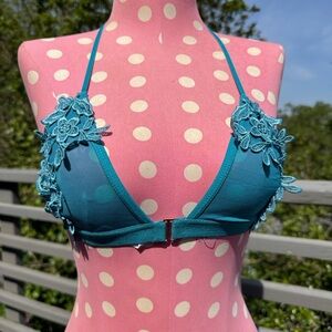 Teal Halter Bralette with Floral Lace